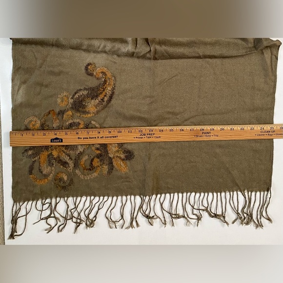 Coldwater Creek Wool blend Embroidered Wrap Dark Olive Green Fringe trim - Picture 6 of 11